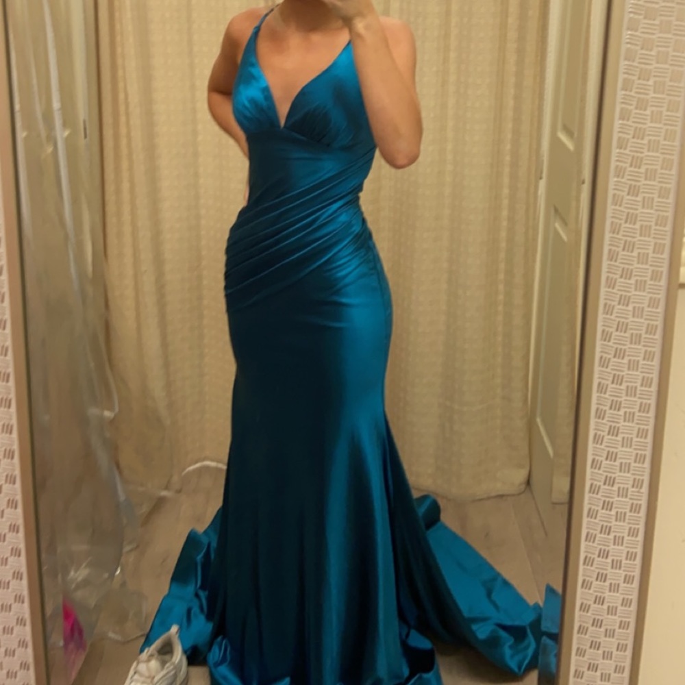 Blue satin prom dress